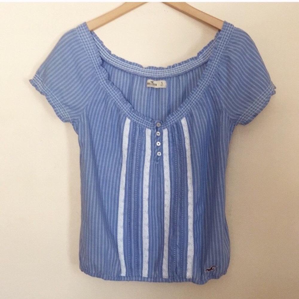 Hollister Blue & White Stripe Short Sleeve Top Y2K